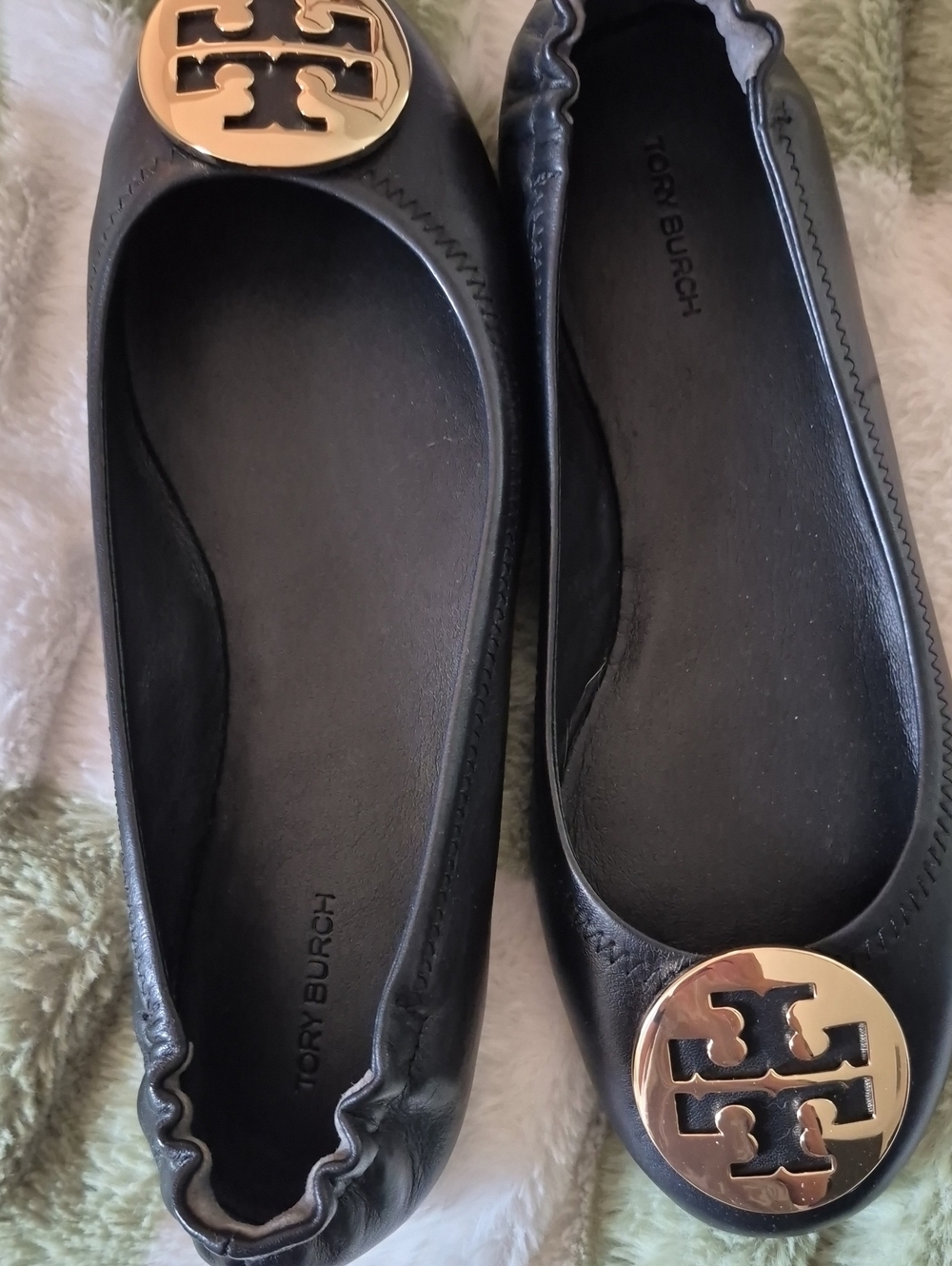 Tory Burch Black Leather Logo Ballet Flats